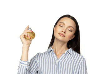 PNG,attractive girl in a shirt with perfume in her hand, isolated on white background