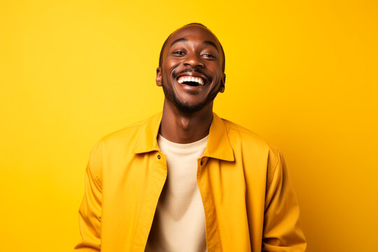 attractive african american model in studio, yellow clothes on yellow background. concept of happiness, enjoy, youth.