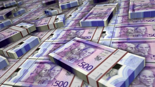 Jamaica money Jamaican Dollar banknote bundle loop. JMD money stacks. Concept of business, economy, banking and finance. Camera over cash packs. Loopable seamless 3d animation.