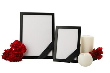 PNG, mourning candles with photo frames isolated on white background.