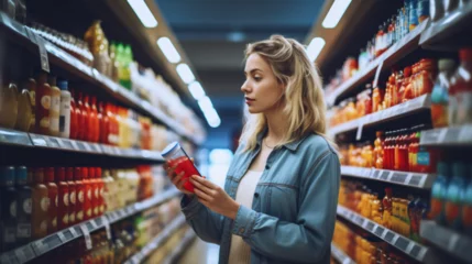 Deurstickers woman choosing product to buy in supermarket © Ajit