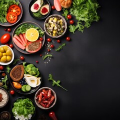 Top view of an Assortment of healthy food dishes on a dark background.
