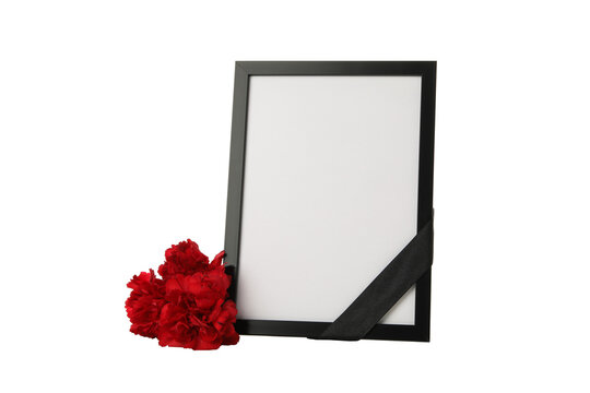 PNG, mourning photo frame with flowers isolated on white background.