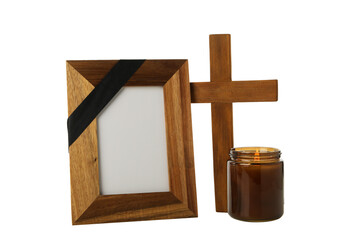 PNG, mourning candles with photo frame and cross, isolated on white background.