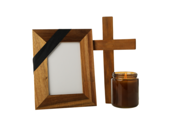 PNG, mourning candles with photo frame and cross, isolated on white background.