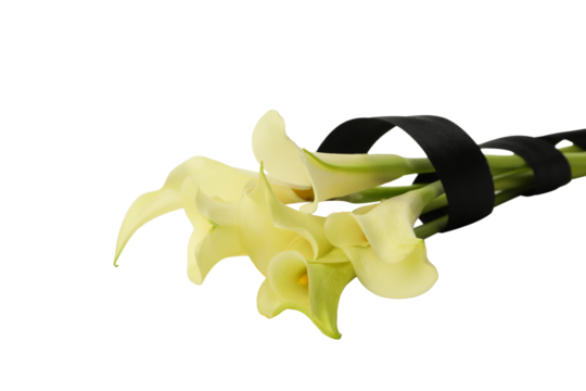PNG, mourning flowers with black ribbon isolated on white background.