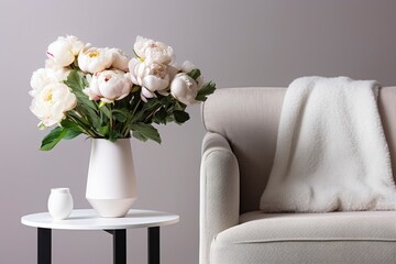 Vase of white peonies with coffee table and armchair near grey wall.