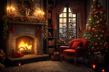 A cozy living room with a Christmas tree, presents, and a crackling fire in the fireplace