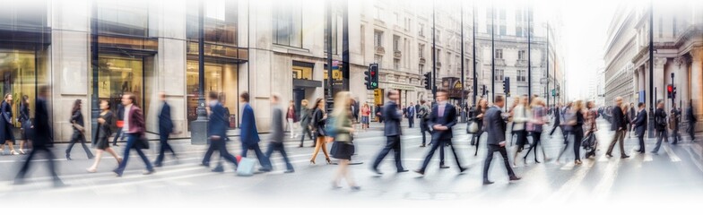 Walking people blur. Lots of people walk in the City of London. Wide panoramic view of people crossing the road.