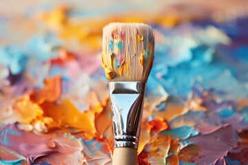 Fototapeta premium Macro shot brush painting on color canvas, Generative with Ai.