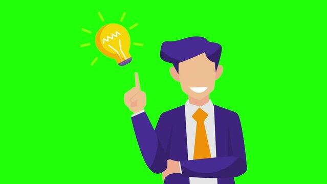 Business man idea, solution green screen cartoon character light bulb 2d animated 4k video loop