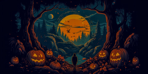 Halloween pumpkin, in the deep scary forest. Generative AI.