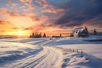 A scenic countryside covered in a blanket of snow during winter. 