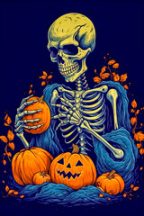 Cartoon illustration of a skeleton with Halloween pumpkins. Generative AI.