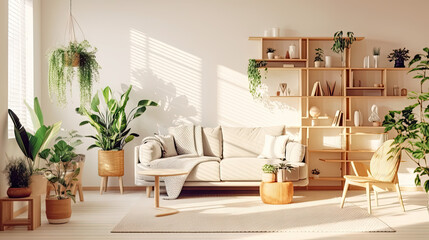 Minimalist Living Room with Greenery and Bookshelf