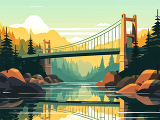Flat design bridge landscape with sunset and river nature vector illustration