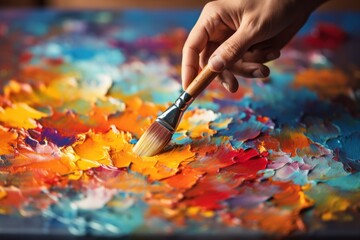 Closeup hand brush painting on color canvas, Generative with Ai.