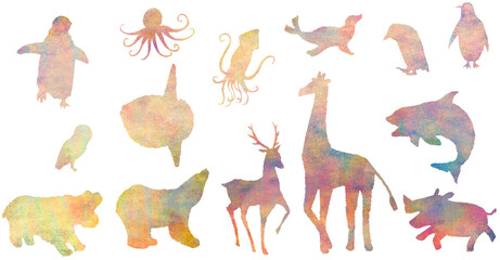 海と陸の動物シルエット テクスチャ感のある暖色