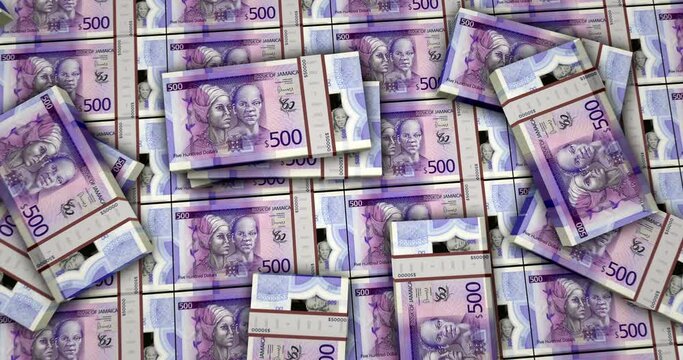 Jamaica money Jamaican Dollar banknotes 3d animation. Camera view from close to long distance. JMD money packs. Concept of inflation, economy, crisis, business, banking, debt and finance.