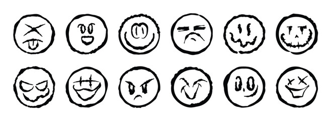 Set of graffiti face spray paint vector. Collection spray face emotion of smile face, angry, sad, cunning, happy, funny, silly. Design illustration for decoration, card, sticker. banner, street art.