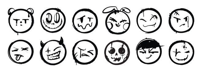 Set of graffiti face spray paint vector. Collection spray face emotion of smile face, angry, sad, cunning, happy, funny, silly. Design illustration for decoration, card, sticker. banner, street art. © TWINS DESIGN STUDIO