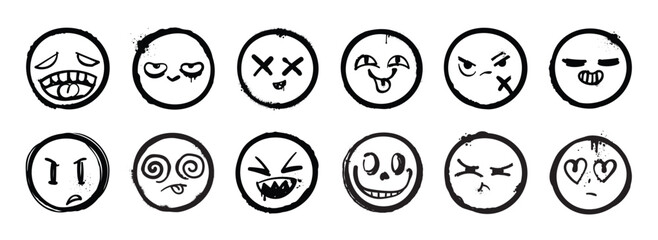 Set of graffiti face spray paint vector. Collection spray face emotion of smile face, angry, sad, cunning, happy, funny, silly. Design illustration for decoration, card, sticker. banner, street art. © TWINS DESIGN STUDIO