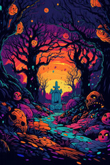 Artistic painting of Halloween background with pumpkins in scary world. Generative AI.