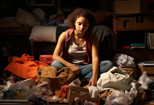 A Hispanic  female college freshman is packing her things and stuffs to preparing moving into his university dormitory, a young woman tidy up bedroom