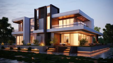 Embracing the Future: A Modern House with Abundant Glass and Expansive Windows - obrazy, fototapety, plakaty