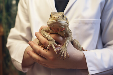 Hands of a veterinarian with a lizard in a veterinary clinic