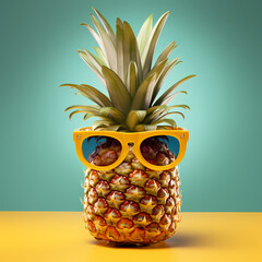 Pineapple fruit with sunglasses on isolated on solid pastel background