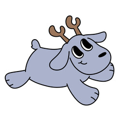 reindeer dog Merry Christmas and Happy New year trendy retro groovy cartoon doodle style element	