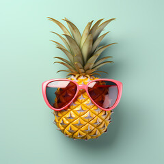 Pineapple fruit with sunglasses on isolated on solid pastel background