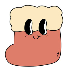 Santa sock Merry Christmas and Happy New year trendy retro groovy cartoon doodle style element	