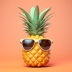 Pineapple fruit with sunglasses on isolated on solid pastel background