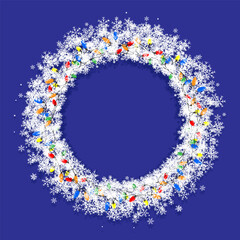 Winter snowflakes ring. Soft fluffy circle of white snow flakes with multi colored Christmas lights for garlands for winter holiday cards, templates. Vector icons isolated on blue background