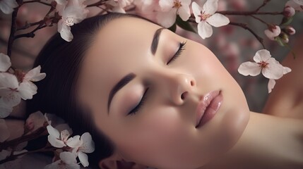 Obraz na płótnie Canvas A close-up portrait of a woman's face surrounding a dreamy backdrop of pink cherry blossoms, a luxurious cosmetic practice