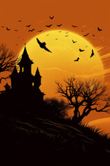 Backlight of a horror castle at sunset. Happy Halloween. Generative AI.