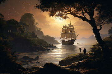 Sailing ship in the sea at sunset. 3D rendering. - obrazy, fototapety, plakaty