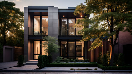 Obraz premium Explore the chic exterior of a modern townhouse in this photography. It showcases a well-designed facade with unique materials, landscaping, and lighting.