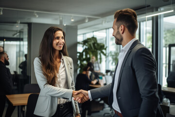 Happy mid aged business woman manager handshaking at office meeting. Smiling female hr hiring recruit at job interview, bank or insurance agent, lawyer making contract deal with client at work