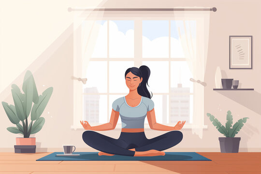 convenience of remote work with a person enjoying a peaceful morning routine before starting their workday. Yoga during the working day