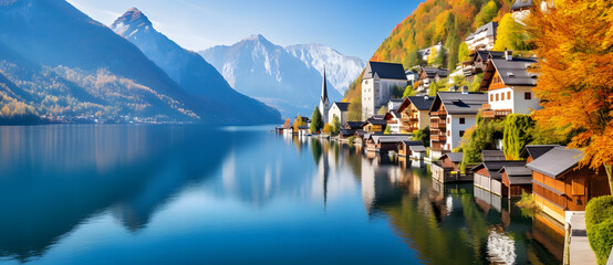 view of a beautiful small town on the lake shore with mountains in the background - Powered by Adobe