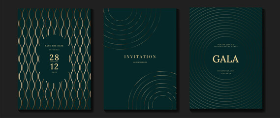 Luxury invitation card background vector. Golden curve elegant, gold line gradient on green color background. Premium design illustration for gala card, grand opening, party invitation, wedding.