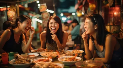 Keuken spatwand met foto Asian women and friends Tourists enjoy eating traditional fried shrimp gyoza together at the Bangkok night market, in Thailand. © sirisakboakaew