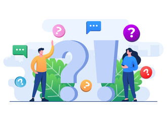 People characters standing near question mark and exclamation mark, People ask questions and receive answers, Online customer support, Q&A, FAQ, Frequently asked questions concept flat illustration