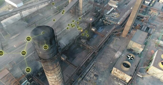 Visualization of hazardous emissions from the plant's chimney. Environmental pollution concept. Emissions from the factory chimney. Flight around the factory chimney with smoke.