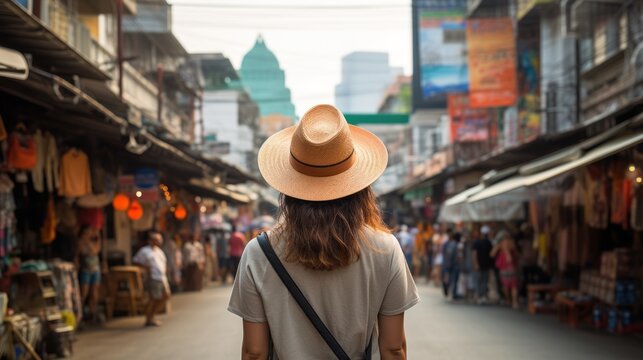 Behind-the-scenes shot of a young Asian backpacker wearing a hat at the Khao San Road outdoor market in Bangkok.