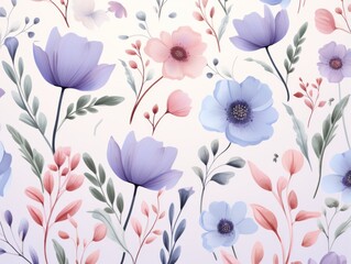 The pattern features delicate wildflowers in an elegant style. Opt for a soft and dreamy color scheme with pale blues, lavenders, and blush pinks The composition should feel light and airy