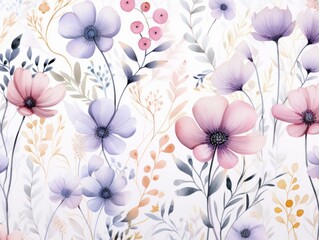 The pattern features delicate wildflowers in an elegant style. Opt for a soft and dreamy color scheme with pale blues, lavenders, and blush pinks The composition should feel light and airy